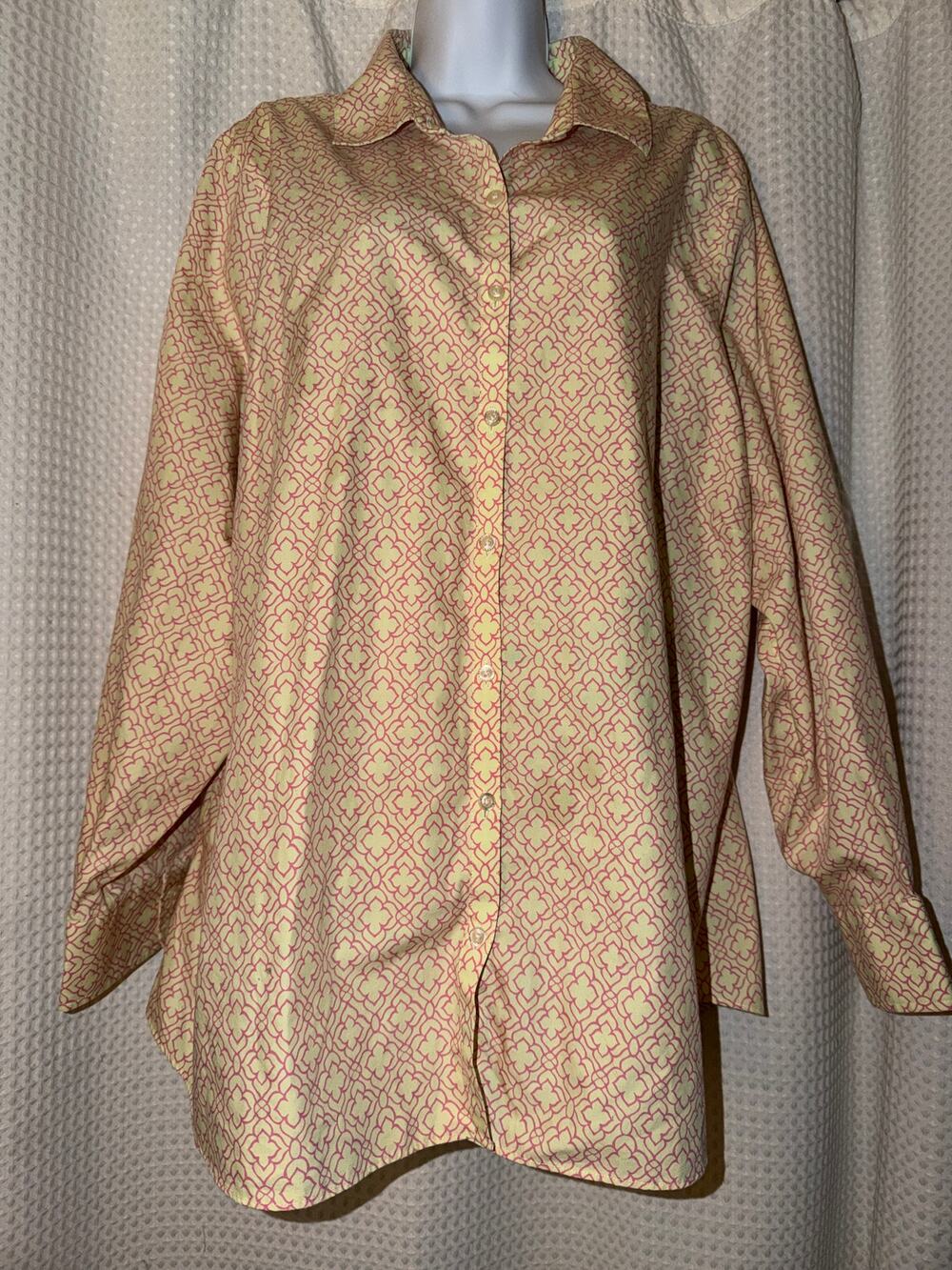 Lands’ End Supima Cotton No Iron Shirt Women’s 24W Pink Yellow Geometric